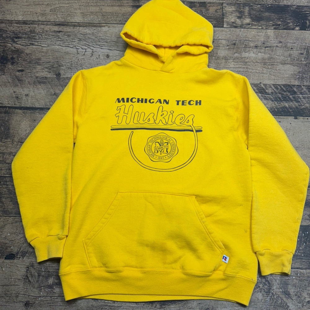 Michigan Tech Huskies Hoodie Sweatshirt Yellow Russell Athletic Mens M USA Made